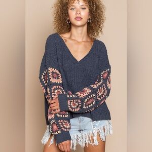 POL Granny Square Crochet Sleeves Chenille V-Neck Sweater Charcoal Grey Large